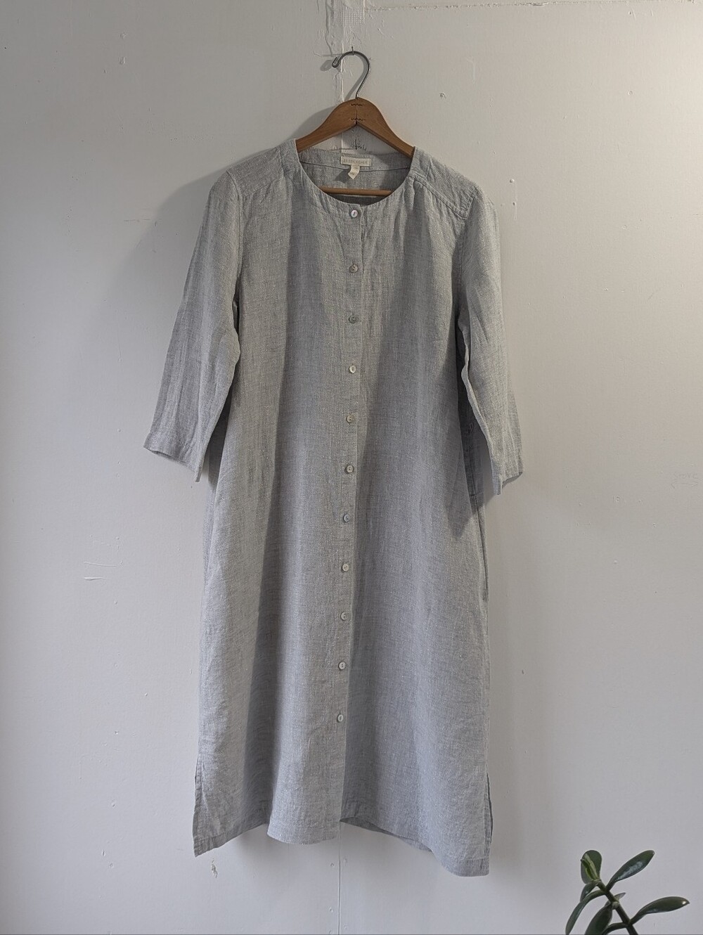 Eileen Fisher Light Gray Button-Front Organic Linen Midi Dress Size Small